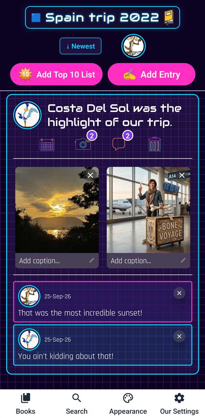 A screenshot of the Us app: a Book called Spain trip 2022 with an Entry titled &ldquo;Costa Del Sol was the highlight of our trip,&rdquo; two photos and two comments.